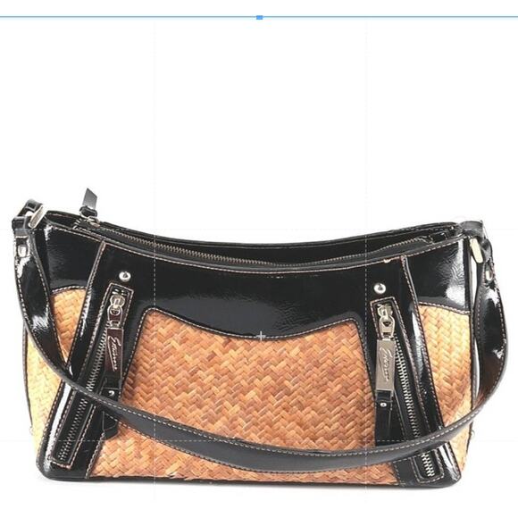 Etienne Wicker Purse HandBag Pocket Zip Shoulder bag Black Patent Leather - Picture 2 of 9